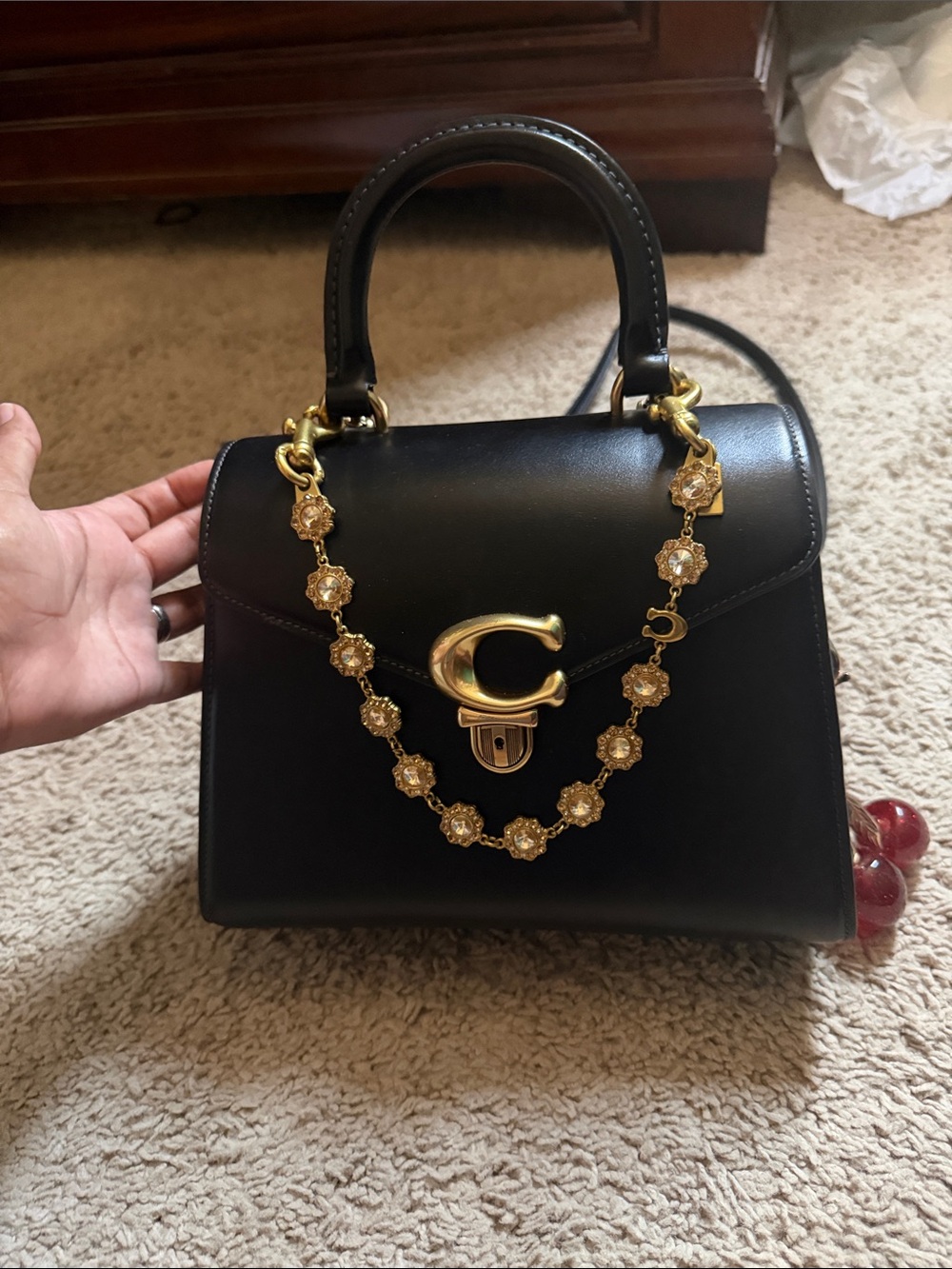 Coach Black Leather Top-Handle Satchel with Gold Chain and Signature C